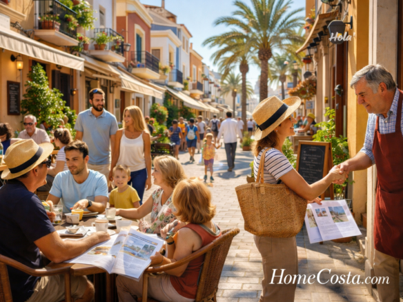 Sunny Costa Blanca street with locals and expats at an outdoor café, children and families walking, woman holding property papers, palm trees and colorful Mediterranean buildings in the background, representing everyday life in Spain for newcomers.