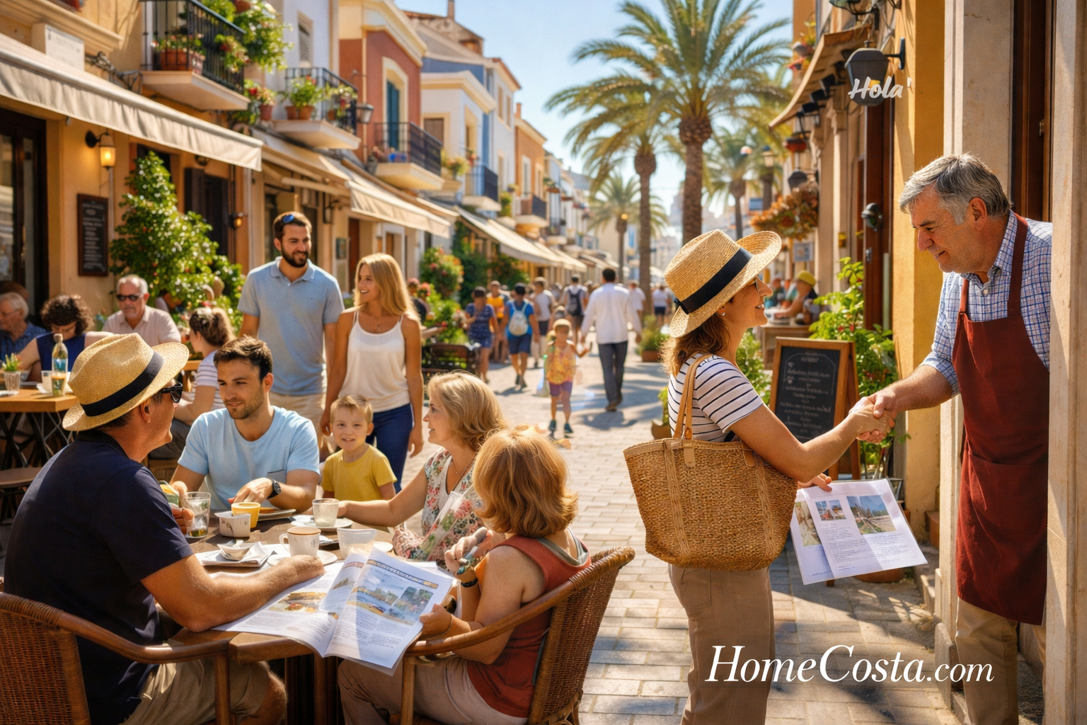 Sunny Costa Blanca street with locals and expats at an outdoor café, children and families walking, woman holding property papers, palm trees and colorful Mediterranean buildings in the background, representing everyday life in Spain for newcomers.