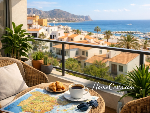 Balcony of a modern Spanish apartment overlooking Costa Blanca with coffee, croissants, and a map of Spain on the table, representing expat lifestyle. HomeCosta.com.